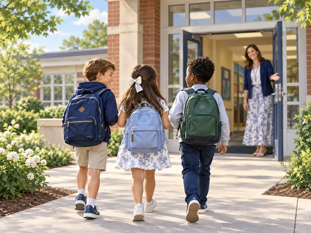 Children with backpacks arriving at a school entrance, illustration