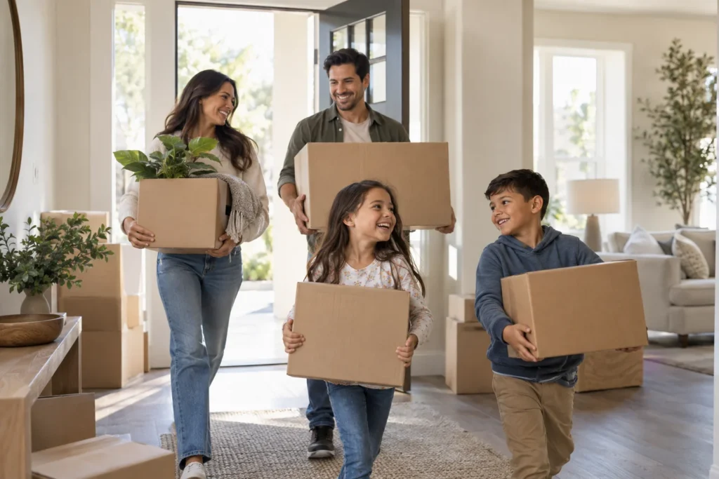 Happy family carrying moving boxes into a new home