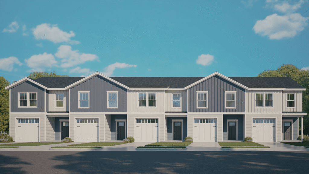 Exterior illustration of The Towns at River Bluff townhomes in Fayetteville, North Carolina