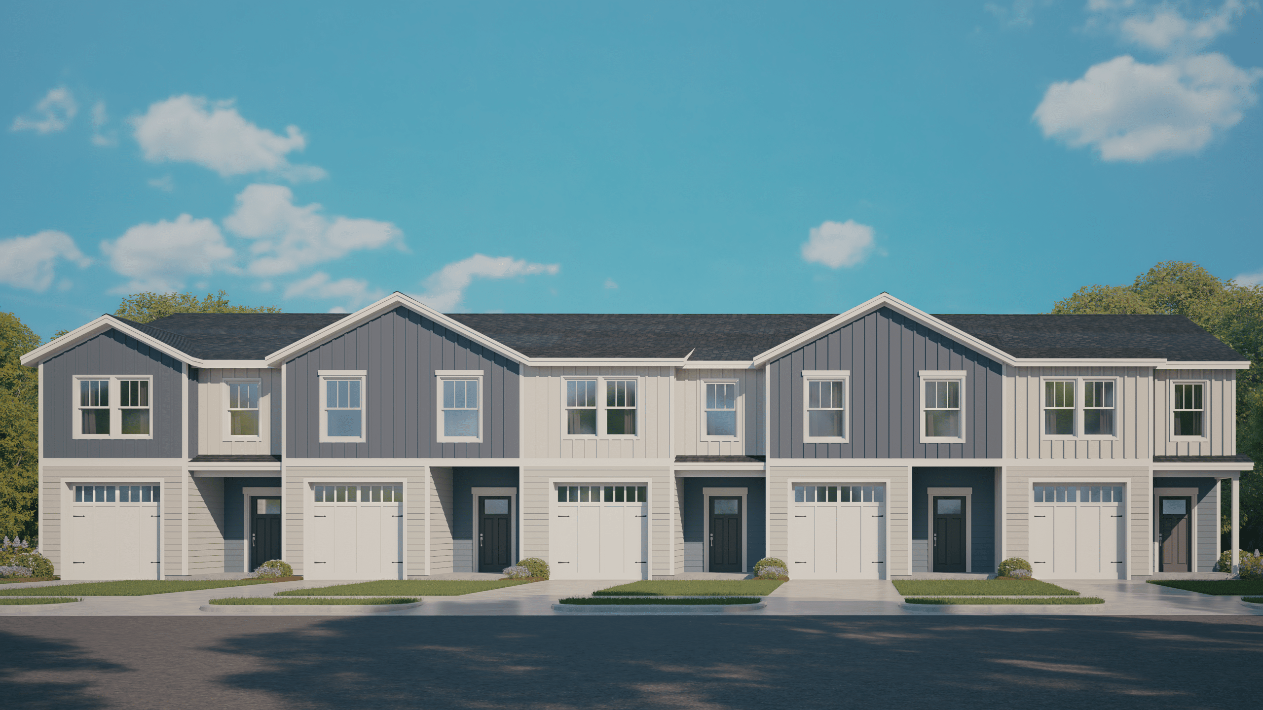 Exterior illustration of The Towns at River Bluff townhomes in Fayetteville, North Carolina